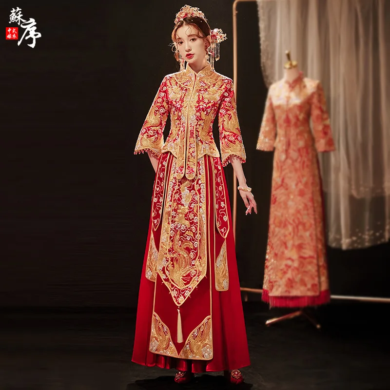 Женское новое свадебное платье, одежда для невесты в китайском стиле, высококачественная вышивка, свадебный комплект, Восточный Чонсам, одежда для тостов