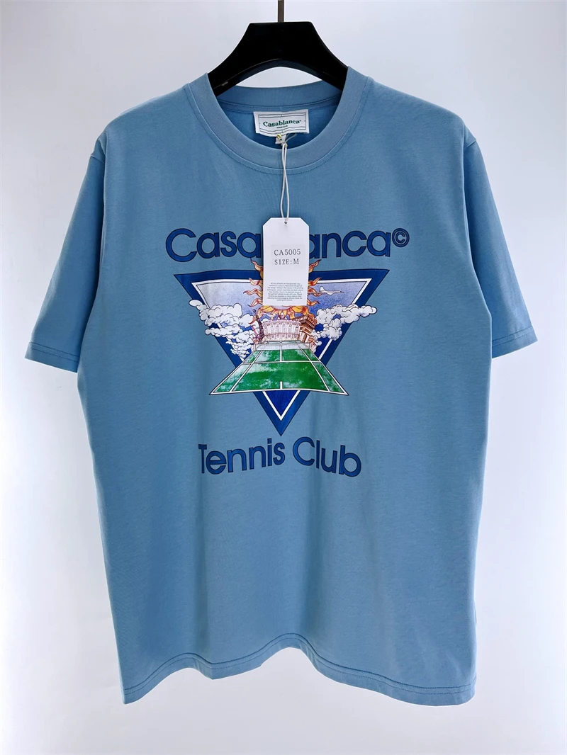 23SS высшего качества
 Футболка большого размера для теннисного клуба Casablanca, Мужская Женская футболка с принтом Солнца, бело-синяя футболка в стиле хип-хоп