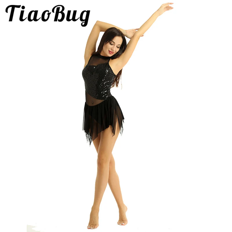Женский танцевальный костюм TiaoBug, короткий блестящий сетчатый купальник с пайетками, Нерегулярное Балетное гимнастическое трико, платье для фигурного катания