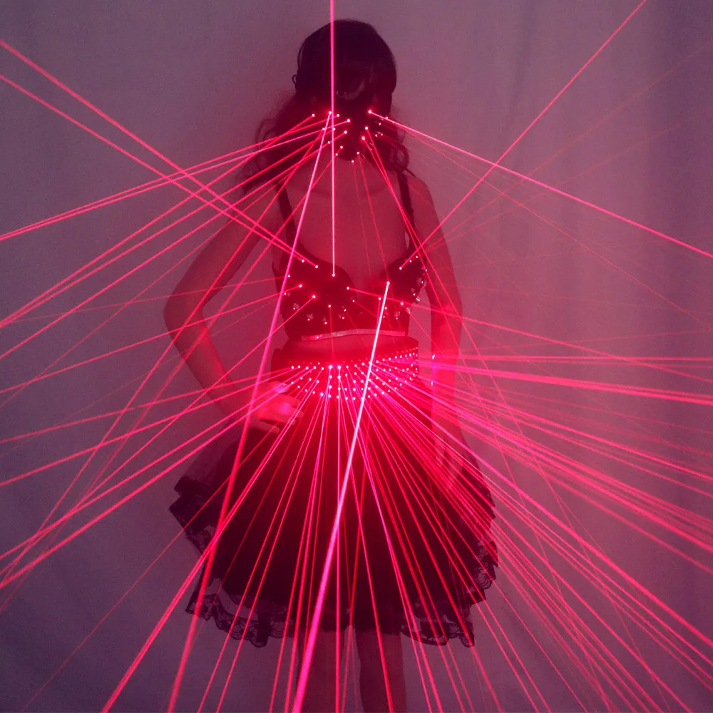 Красный Лазерный костюм Сексуальная леди Светодиодный светящийся Бюстгальтер Маска Перчатки Пояс для Ночного клуба GOGO Платье для Парада танцовщиц