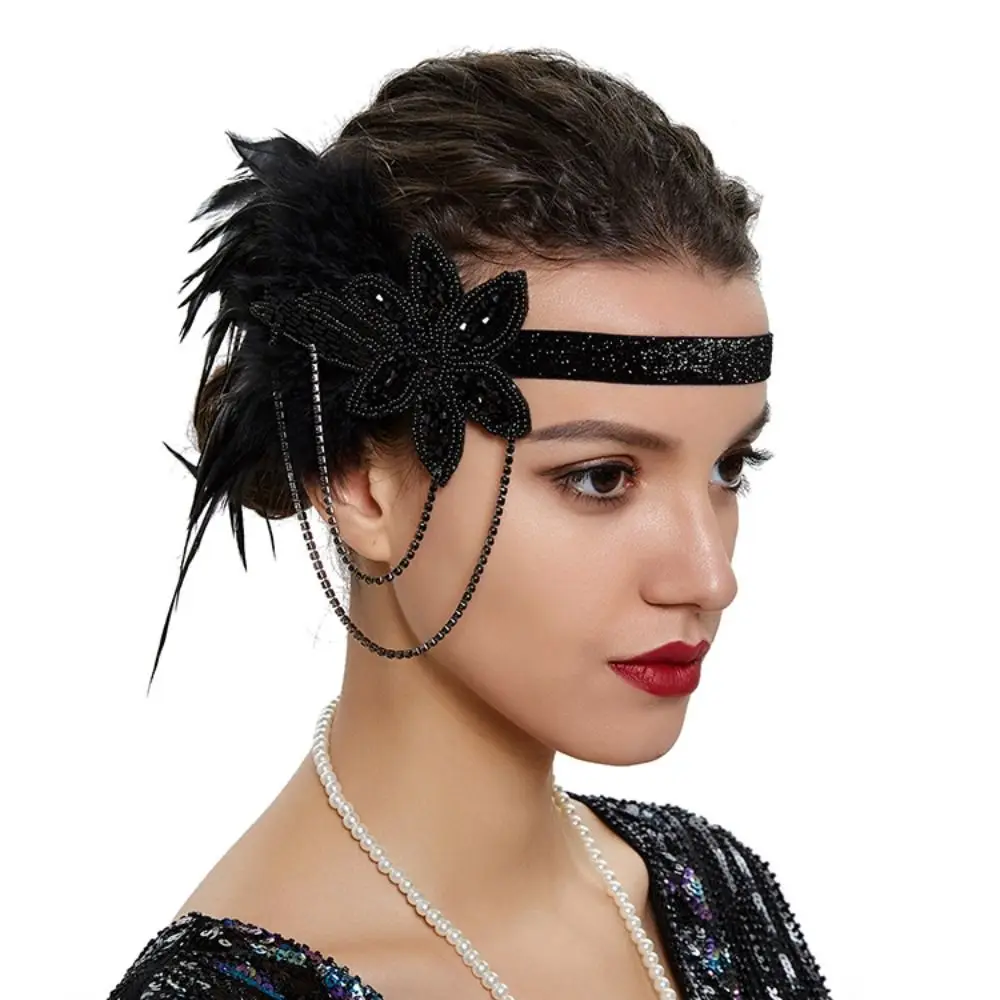 Повязка на голову с черными перьями в стиле ретро, Аксессуары для волос со стразами, Модная повязка на голову для женщин, вечеринка в стиле Гэтсби