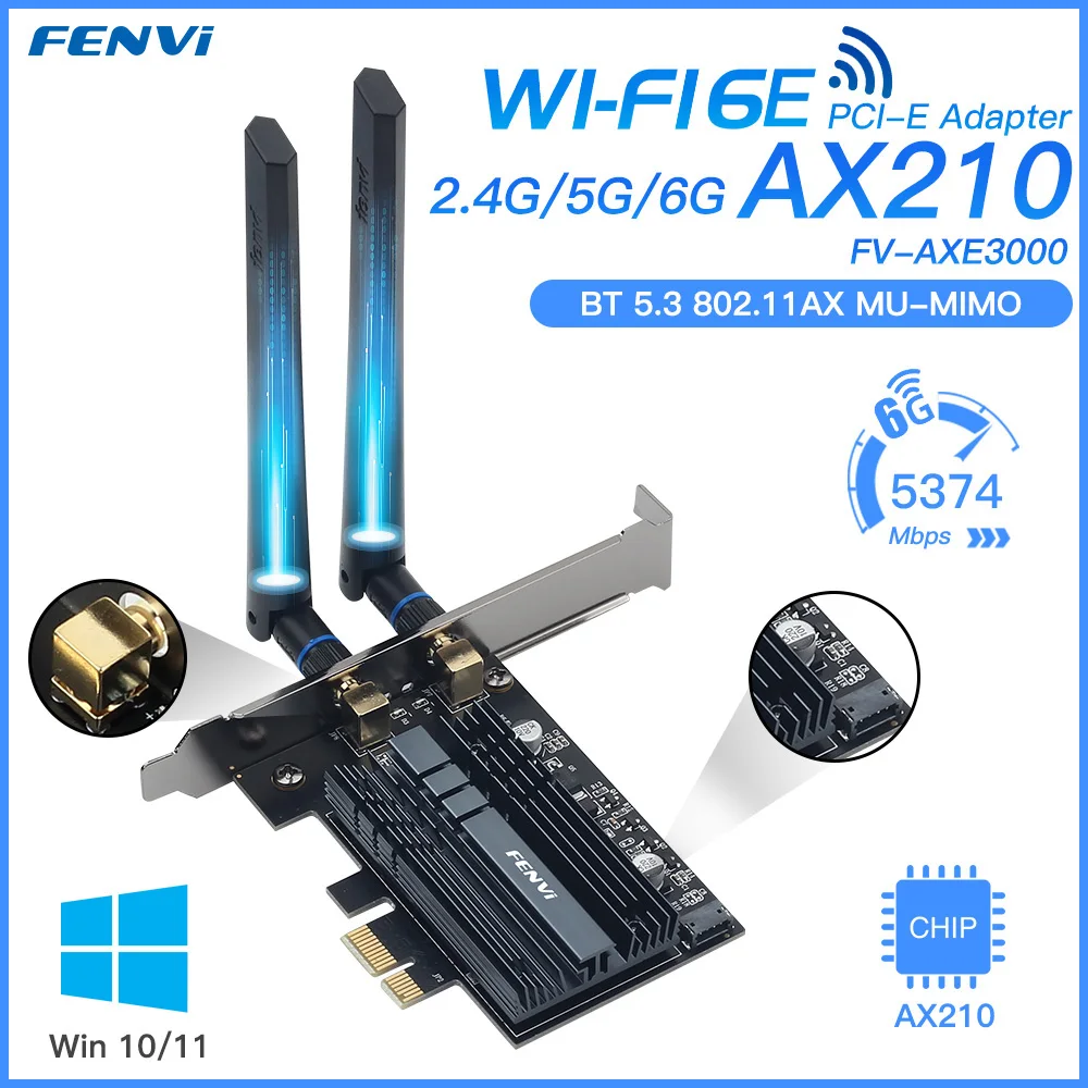 Fenvi 5374 Мбит/с WiFi 6E Intel AX210 PCIe Беспроводной WiFi Адаптер 2,4 G/5G/6GHz 802.11AX Для Bluetooth 5,3 AX200 WiFi 6 карт ПК Win10