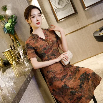 2020 Шелковое Двухслойное Платье Средней длины из конопли Cheongsam Daily в стиле Ретро с короткими рукавами Средней длины Ao Dai Qipao, Женское Тонкое Платье Qipao