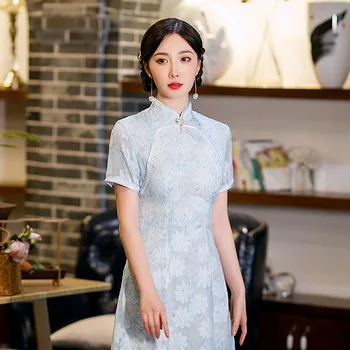 2023 Весна-Осень, Новое синее кружевное платье Ципао в улучшенном стиле, вечернее платье Чонсам в китайском стиле с короткими рукавами