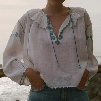 2023 Летняя новая женская рубашка с цветочной вышивкой, топ с отворотом и кисточками, рубашка с длинным рукавом и рюшами