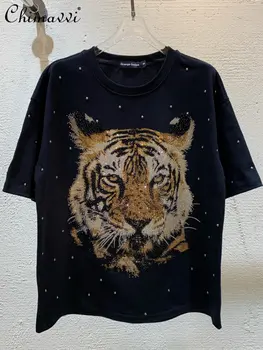 2023 Летняя Роскошная Свободная футболка Big C Hot Drilling с головой тигра, женские модные футболки большого размера с коротким рукавом и заклепками