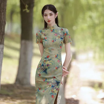2023 Новое Летнее Зеленое Винтажное длинное платье Чонсам с цветочным Рисунком и коротким рукавом, облегающие женские костюмы, Модный халат Ципао в китайском стиле