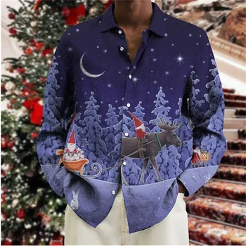 2023 Рождественский Узор, 3D печать, Мужская рубашка в стиле Харадзюку, Топ с длинным рукавом и лацканами, Модная рубашка для Праздничной вечеринки, Одежда Оверсайз