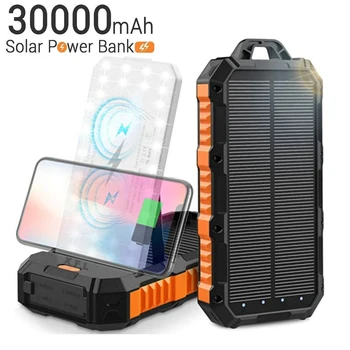 30000mAh Солнечный Банк Питания Qi Беспроводное Зарядное Устройство Powerbank для iPhone 13 12 Samsung Xiaomi Повербанк с Кемпинговой Легкой Подставкой Для Телефона