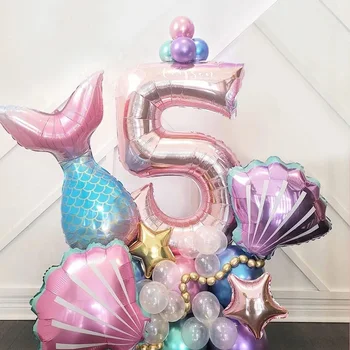 33 шт. воздушные шары с хвостом русалки из розового золота 0-9 номеров, воздушный шар из фольги, украшение для вечеринки в честь дня рождения маленькой русалки для девочек, детский душ