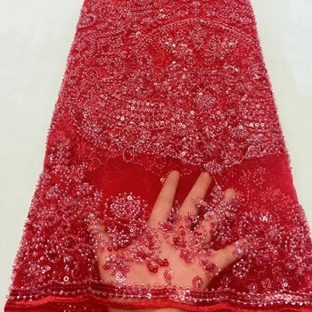 3d Французский тюль Африканская кружевная ткань 2023, Высококачественная Розовая вышивка Пайетками, Нигерийские кружевные ткани, 5 ярдов для платья