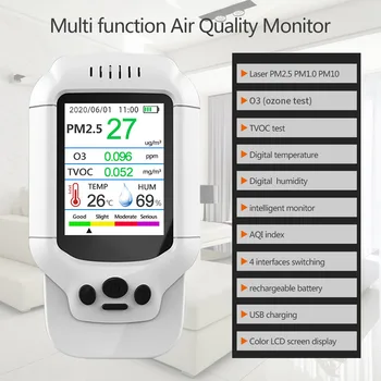 8 В 1 Профессиональный Озоновый Газовый Тестер Детектор качества воздуха PM2.5 PM10 PM1.0 TVOC O3 AQI Озоновый Датчик Гигротермограф Монитор