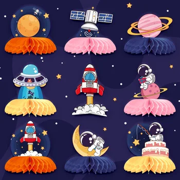 9 шт. Астронавт на Луне, сотовый шар, Центральные детали, космический корабль, космическая станция, Вечеринка по случаю дня рождения, запуск ракеты, вечеринка в пользу