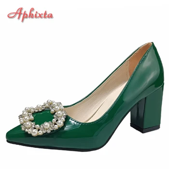 Aphixta/ Новые Темно-зеленые женские туфли-лодочки из лакированной кожи с жемчужной пряжкой на квадратном каблуке 7 см, Официальные туфли с острым носком, Очень Большой Размер 49 50