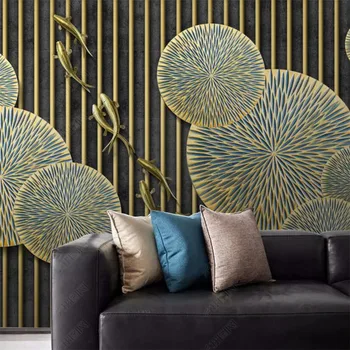 beibehang пользовательские абстрактные рельефные обои с листьями лотоса и девятью рыбками декор спальни фоновые обои домашний декор 3D настенная живопись