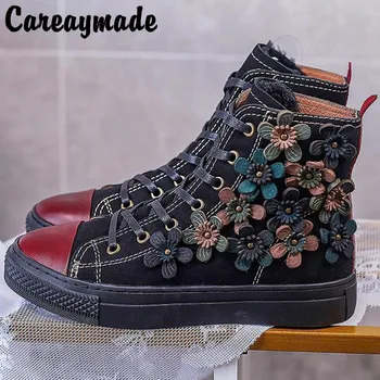 Careaymade-Женские ботинки из натуральной кожи, осенне-зимние короткие сапоги из плотной шерсти с цветочным принтом на плоской подошве, модная теплая обувь