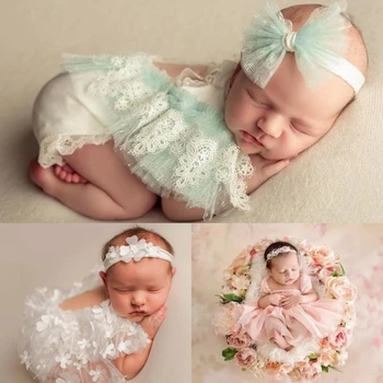 Dvotinst Реквизит для фотосъемки новорожденных девочек, кружевные наряды, платье с цветочным узором, повязка на голову, комплект из 2 предметов, реквизит для студийной съемки