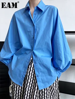 [EAM] Женская Синяя Короткая Блузка Большого размера, Новая Рубашка Свободного кроя с Длинным рукавом-фонариком, Модный Прилив, Весна-осень 2023 1DF5088