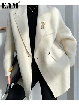 [EAM] Свободного кроя Белое Короткое Шерстяное пальто с темпераментом, Парки, Новая Женская мода с длинным рукавом, Осень-зима 2023, 1DD3859