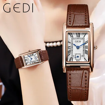 GEDI Модные деловые прямоугольные женские часы С кожаным ремешком и римским циферблатом, водонепроницаемые женские кварцевые часы, Женские часы в повседневном стиле