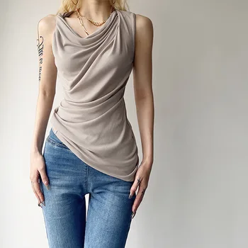INS 2023, Весенняя новая Женская однотонная приталенная Уличная модная футболка без рукавов с круглым вырезом, новинка весны
