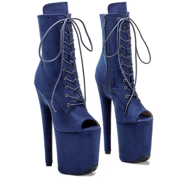 Leecabe Темно-синяя обувь для танцев на шесте 20 см, Сапоги на платформе с высоким каблуком, открытый носок, высокие ботинки для танцев на шесте