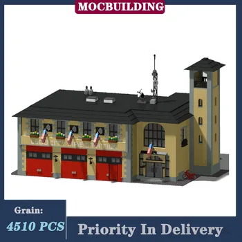 MOC City Building Модель пожарной станции, строительный блок, сборка, Пожарная машина, Гараж, Вид на Улицу, коллекция, серия Игрушек, подарки