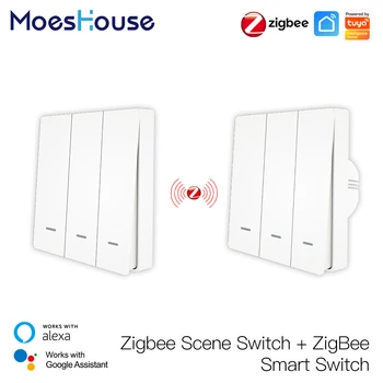 MoesHouse Tuya ZigBee Выключатель света с комплектом передатчика Без нейтрального провода Без конденсатора работает с Alexa Google Home