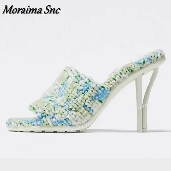 Moraima Snc/ Разноцветные тапочки на каблуке в необычном стиле, Сандалии с зелеными ветками деревьев, женская обувь на каблуке, тапочки на высоком каблуке с открытым носком