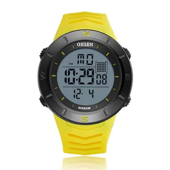 OHSEN Мужские часы Электронные светодиодные Уличные Военные Наручные часы Wateroof Желтый Силиконовый Секундомер для дайвинга 5ATM Цифровые часы