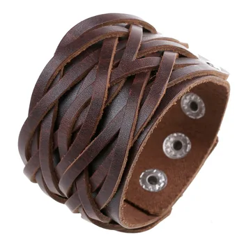 PK0284 Высококачественный двухрядный плетеный браслет из натуральной коричневой кожи с широкими манжетами для мужчин
