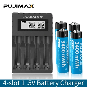 PUJIMAX AA 1,5 В 3400 МВтч Перезаряжаемая Литиевая батарея + 4-слотный ЖК-дисплей 1,5 В Специальное Высококачественное зарядное устройство С кабелями