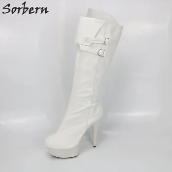 Sorbern/Белые матовые сапоги до середины икры из искусственной кожи Большого Размера на высоком каблуке 15 см с Круглым носком в стиле панк, Женская обувь на Молнии, Размер 40, Женская обувь