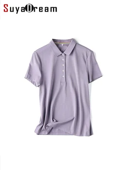 SuyaDream/ Женская футболка-поло из смеси шелка и хлопка с короткими рукавами, однотонная летняя футболка 2023, Новые шикарные топы, розовый, фиолетовый