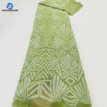 Tim Оптовая Продажа Африканской французской кружевной ткани Высокого Качества Мятно-зеленая Вышивка Пайетками Тюль Материал для Свадебного платья