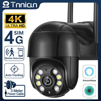 Tnnian 4K 8MP 4G SIM-Камера Видеонаблюдения AI Отслеживание человека WIFI IP-Камера Наружная Цветная PTZ-Камера Ночного Видения iCSee Alexa