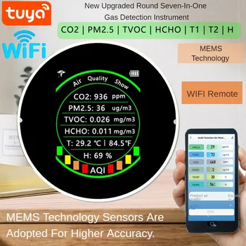 Tuya WiFi 7в1 Измеритель качества воздуха PM2.5 CO2 TVOC HCHO Тестер Температуры Влажности Портативный Цветной Дисплей Детектор углекислого газа
