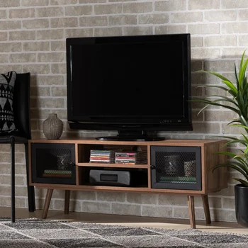 WI12071 Современная Переходная Двухдверная подставка для телевизора Yuna середины века из натурального коричневого дерева и черного металла, Сосна