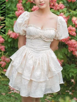 XNWMNZ 2023 Женское модное французское винтажное платье, милое женское платье с квадратным вырезом и пузырчатым рукавом, многослойные женские шикарные мини-платья