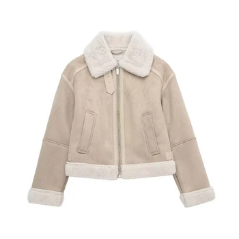 YENKYE 2023 Женская Короткая куртка из искусственной Замши, Винтажный воротник-лацкан с длинным рукавом, Женское Осенне-зимнее теплое пальто