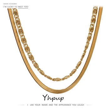 Yhpup Многослойное ожерелье со змеиной цепочкой из нержавеющей стали для женщин, минималистичное металлическое двухслойное геометрическое ожерелье с золотым покрытием 18 K