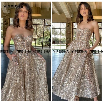 Yipeisha/ Новое Блестящее Короткое платье Трапециевидной формы для выпускного Вечера, вечерние платья длиной до щиколоток с открытой спиной, Блестящее женское вечернее платье 2021 г.