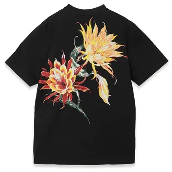 Yohji Yamamoto 23SS Epiphyllum, Темный Цветочный Принт, Свободный однотонный топ Большого размера, Футболка Унисекс с коротким рукавом