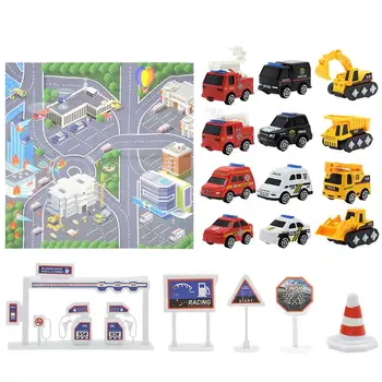 Автомобильные игрушки с ковриком 12 Транспортных средств, набор игрушек для грузовиков с игровым ковриком, Карта городских дорог для детей, Изучающих дорожное движение в спальне, классе