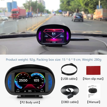 Автомобильный Головной Дисплей P2 С Двойной Системой HUD Сигнализация Превышения скорости Турбо Тормозной Тест Охранная Сигнализация OBD2 GPS Спидометр Измеритель Наклона