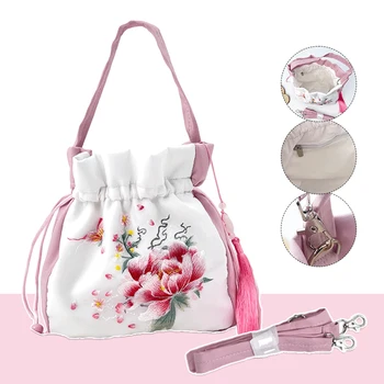 Антикварная женская Литература и искусство, вышитый букет цветов, сумочка Hanfu с кисточками для рта, сумка через плечо для косплея, повседневная жизнь