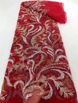 Африканская Кружевная ткань из бисера Красного Цвета, Высококачественная Кружевная ткань ручной работы из бисера, Нигерийский французский Тюль, Блестки, Кружевной материал Для свадебных платьев
