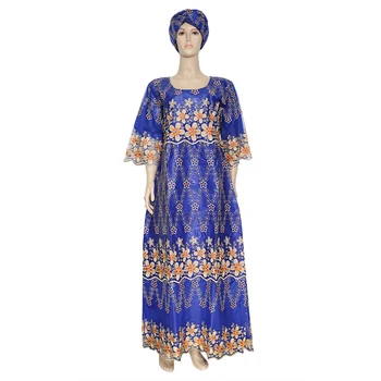 Африканские платья H & D Для женщин, традиционная синяя одежда с вышивкой Абайя, Анкара, Базен, Макси-халаты, Африканское Свадебное платье с Тюрбаном