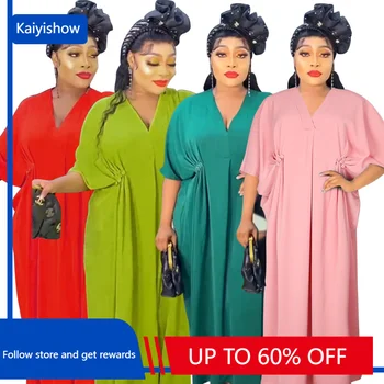 Африканские платья для женщин, Элегантный полиэстер, Мода 2023, Африканское Длинное платье с V-образным вырезом, красное, зеленое, Розовое, Абайя, Халат Дашики, Платье Макси