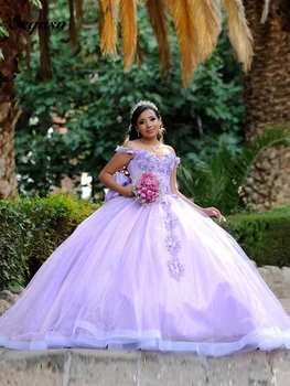 Бальное платье Лавандового Цвета, Пышные платья с открытыми плечами, Кружевные Цветы, Хрустальное платье Принцессы Sweet 16, Мексиканские платья для выпускного вечера